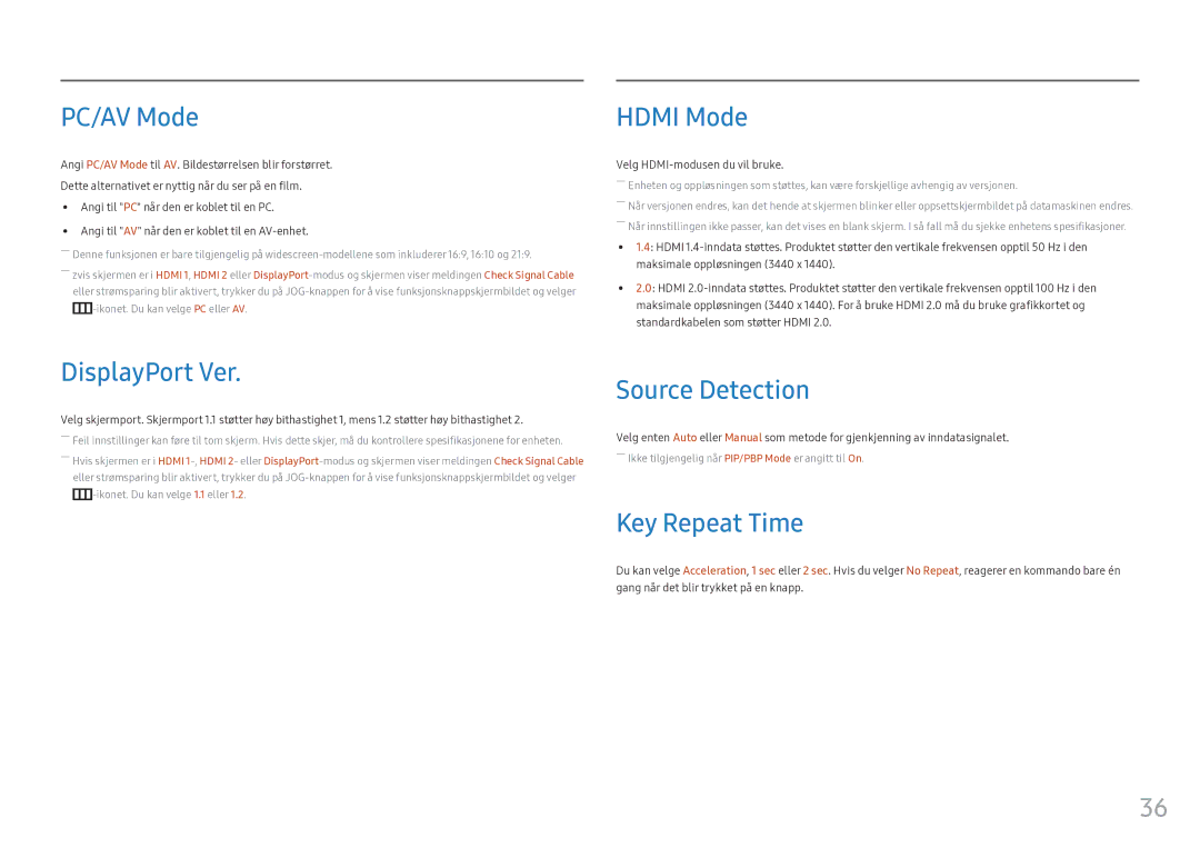 Samsung LC34F791WQUXEN manual PC/AV Mode, Hdmi Mode, DisplayPort Ver, Source Detection, Key Repeat Time 