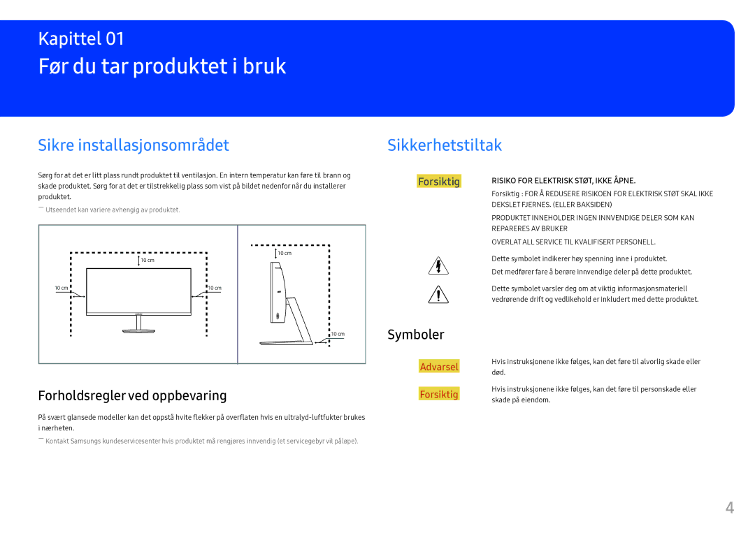 Samsung LC34F791WQUXEN manual Før du tar produktet i bruk, Sikre installasjonsområdet, Sikkerhetstiltak, Symboler 