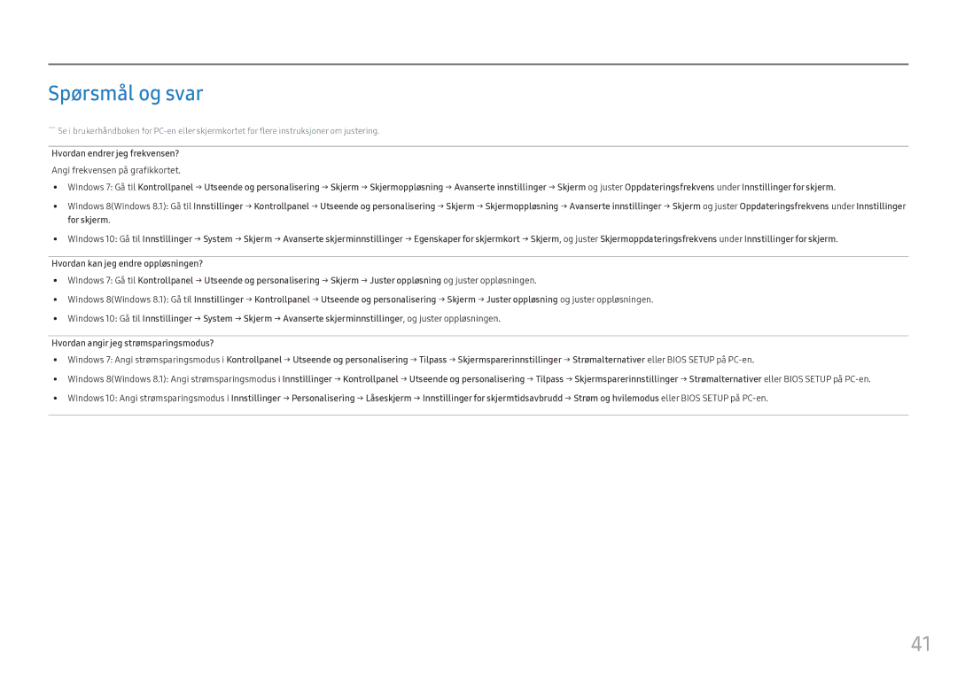 Samsung LC34F791WQUXEN manual Spørsmål og svar, Hvordan endrer jeg frekvensen?, Angi frekvensen på grafikkortet 