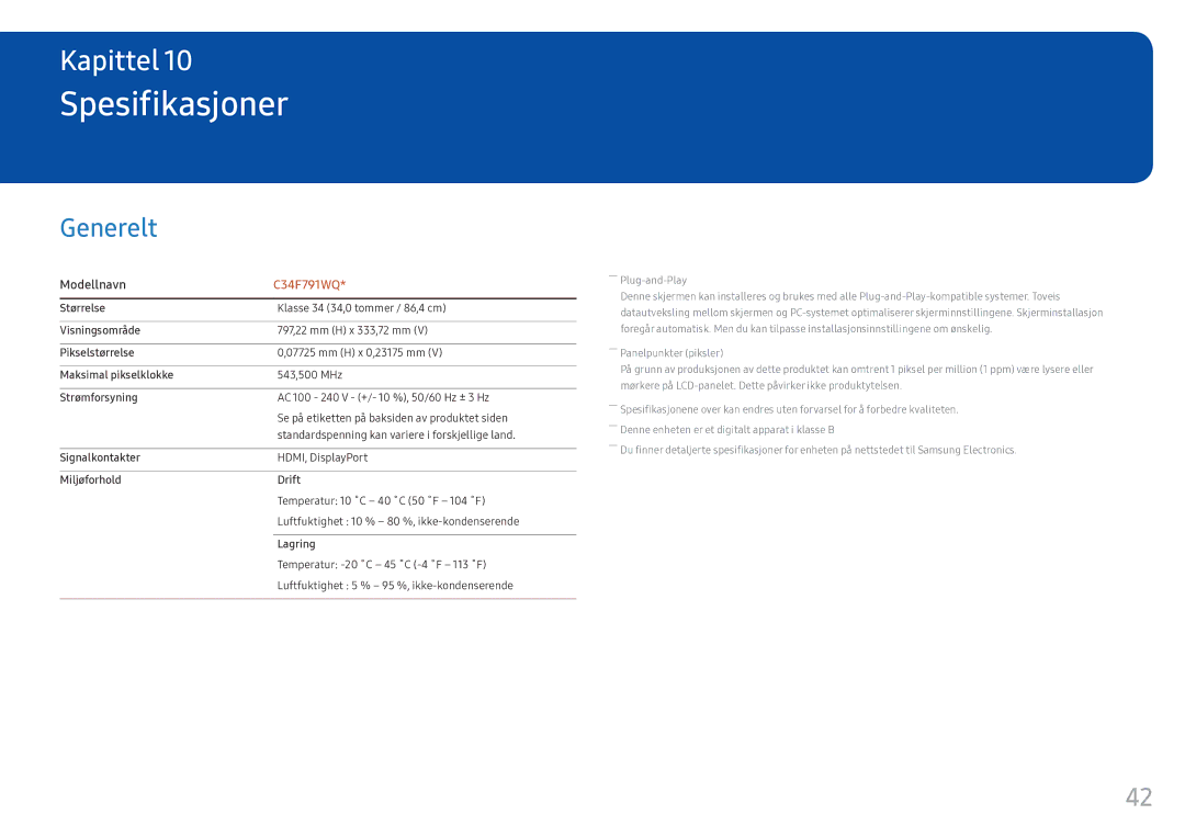 Samsung LC34F791WQUXEN manual Spesifikasjoner, Generelt 