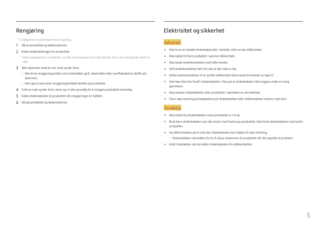 Samsung LC34F791WQUXEN manual Rengjøring, Elektrisitet og sikkerhet 