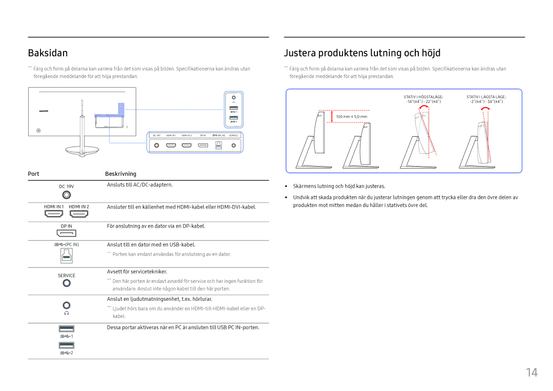 Samsung LC34F791WQUXEN manual Baksidan, Justera produktens lutning och höjd, Avsett för servicetekniker 