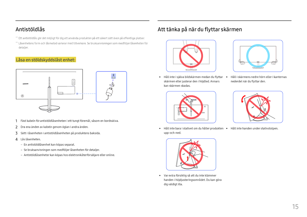 Samsung LC34F791WQUXEN manual Antistöldlås, Att tänka på när du flyttar skärmen 