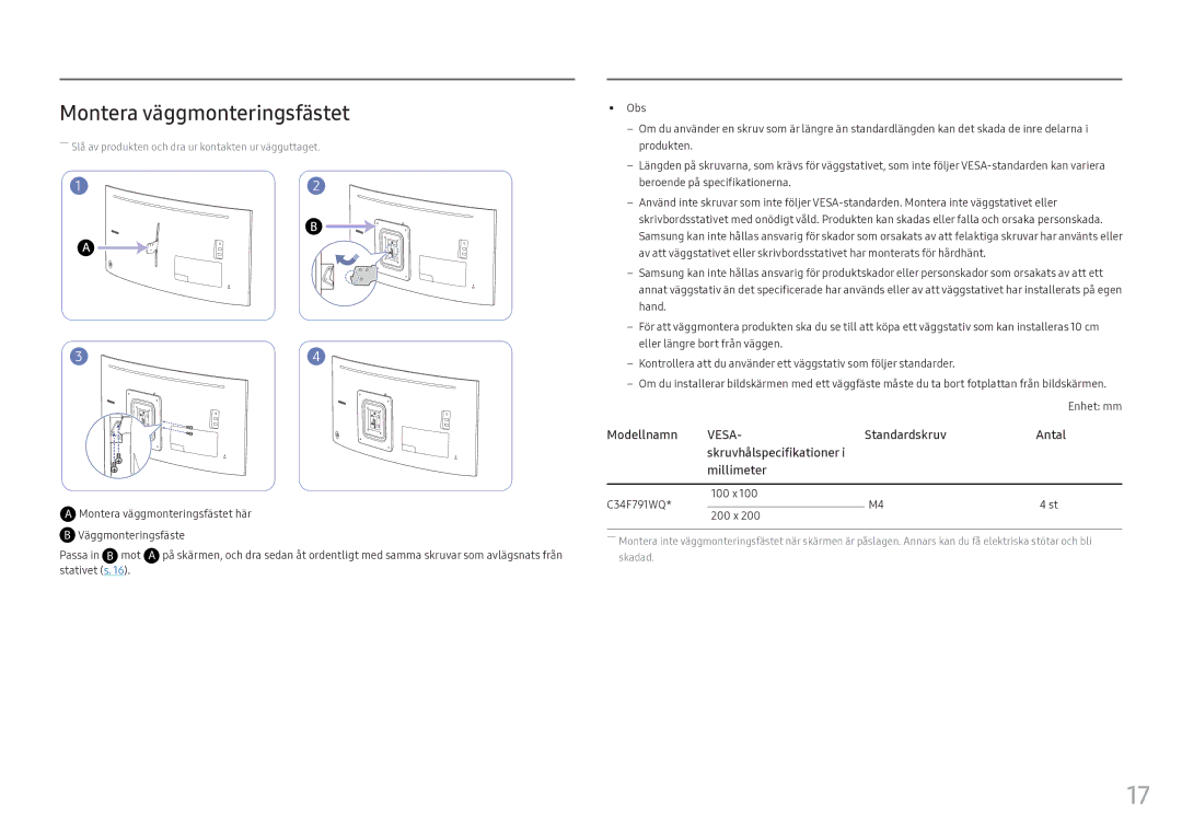 Samsung LC34F791WQUXEN manual Montera väggmonteringsfästet, Väggmonteringsfäste Passa in B mot, C34F791WQ 100 x 200 x 