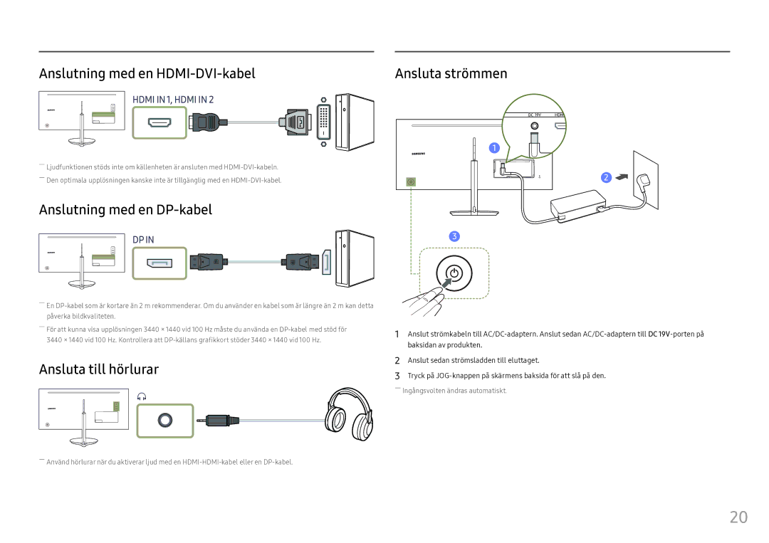 Samsung LC34F791WQUXEN manual Anslutning med en HDMI-DVI-kabel, Anslutning med en DP-kabel, Ansluta till hörlurar 