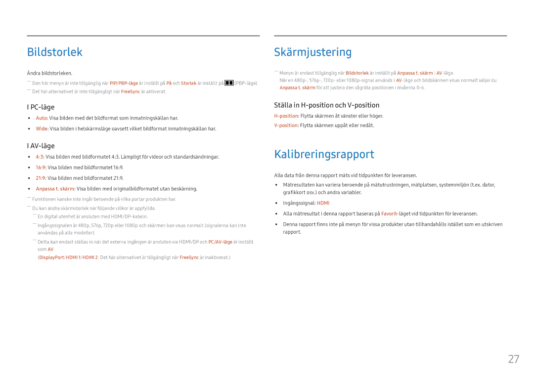 Samsung LC34F791WQUXEN manual Bildstorlek, Skärmjustering, Kalibreringsrapport, Ändra bildstorleken 