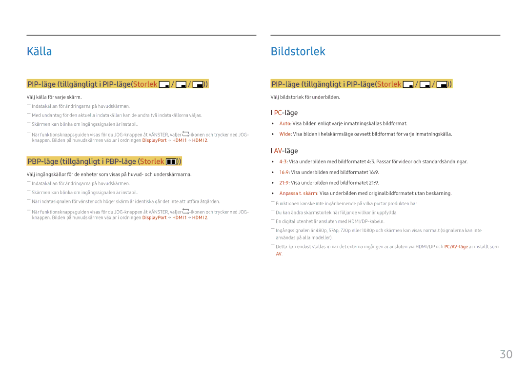 Samsung LC34F791WQUXEN manual Källa, Välj källa för varje skärm, Välj bildstorlek för underbilden 