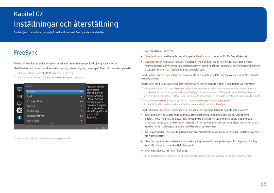 Samsung LC34F791WQUXEN manual Inställningar och återställning, FreeSync 