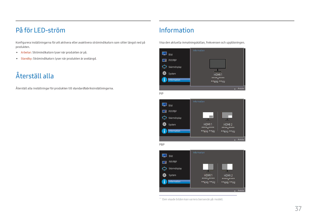 Samsung LC34F791WQUXEN manual På för LED-ström, Information, Återställ alla 