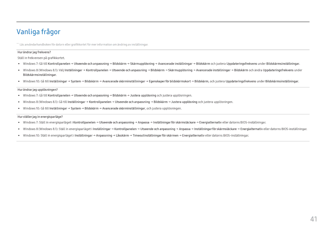 Samsung LC34F791WQUXEN manual Vanliga frågor, Hur ändrar jag frekvens?, Ställ in frekvensen på grafikkortet 