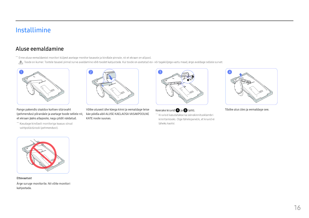 Samsung LC34F791WQUXEN manual Installimine, Aluse eemaldamine, Tõstke alus üles ja eemaldage see, Ettevaatust 