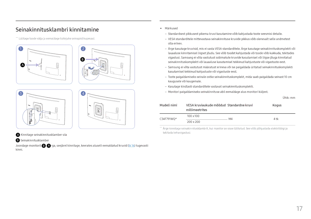 Samsung LC34F791WQUXEN manual Seinakinnitusklambri kinnitamine, Kinnitage seinakinnitusklamber siia, 100 x C34F791WQ 200 x 