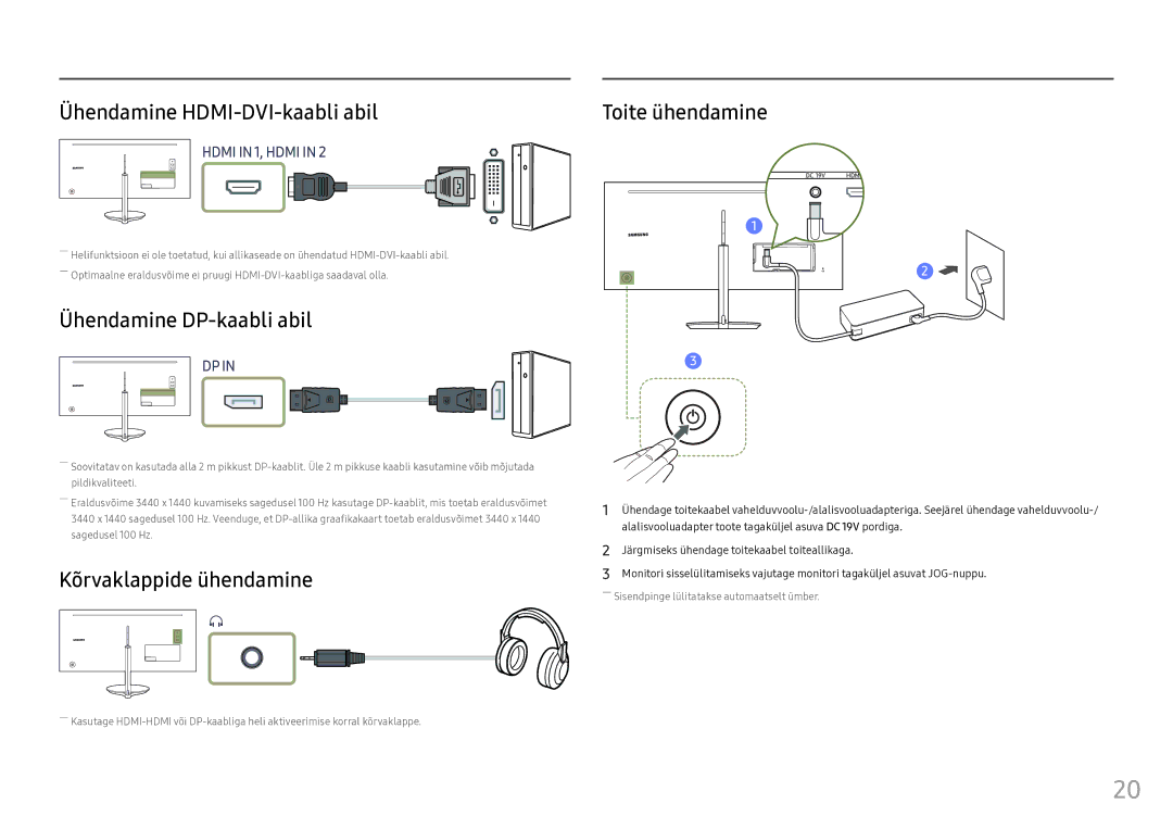 Samsung LC34F791WQUXEN manual Ühendamine HDMI-DVI-kaabli abil, Kõrvaklappide ühendamine, Toite ühendamine 