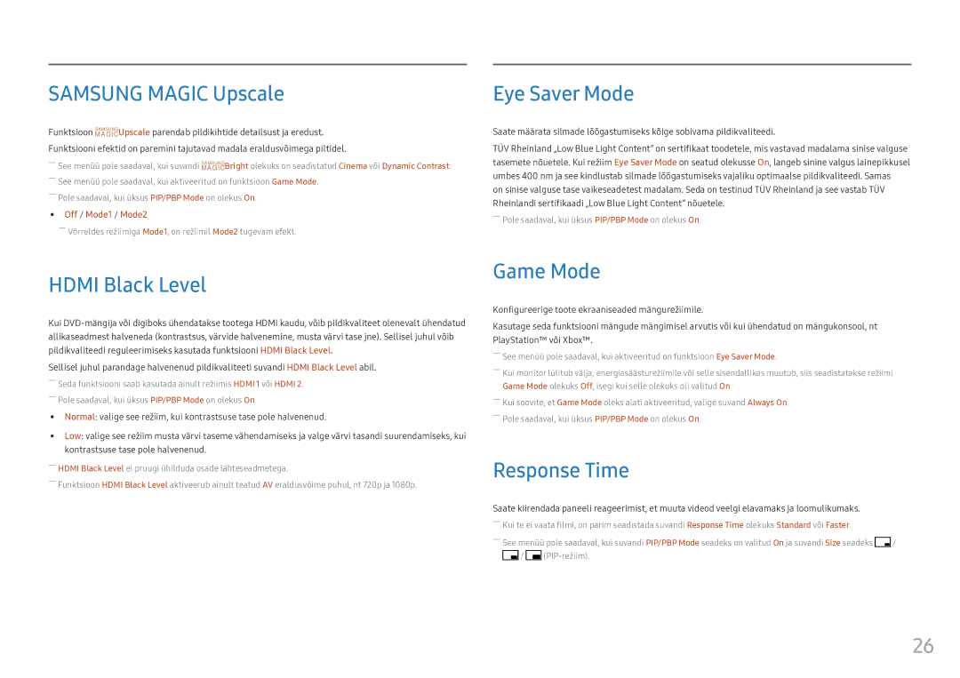 Samsung LC34F791WQUXEN manual Samsung Magic Upscale, Eye Saver Mode, Hdmi Black Level, Game Mode, Response Time 