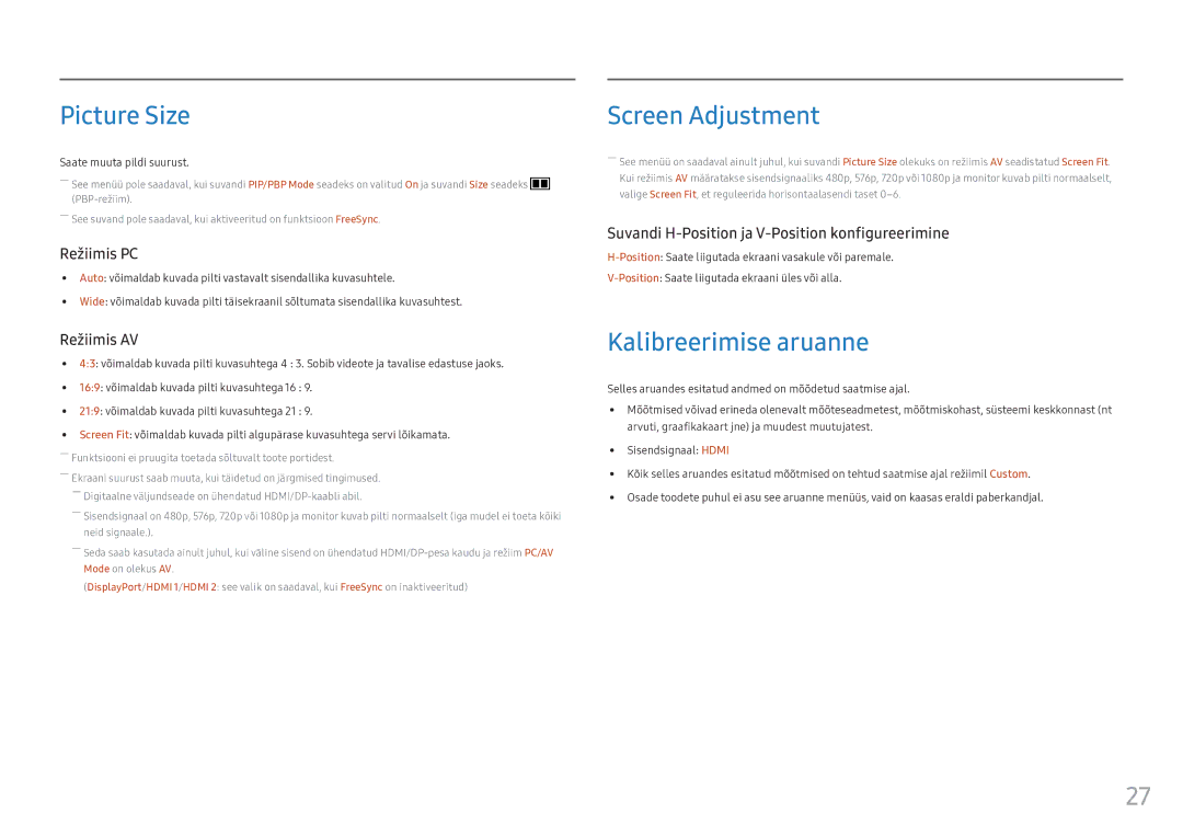 Samsung LC34F791WQUXEN manual Picture Size, Screen Adjustment, Kalibreerimise aruanne, Saate muuta pildi suurust 