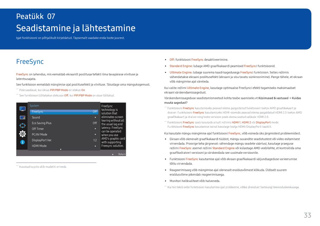 Samsung LC34F791WQUXEN manual Seadistamine ja lähtestamine, FreeSync 