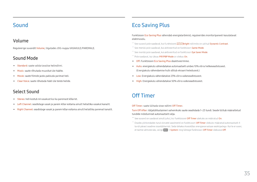 Samsung LC34F791WQUXEN manual Sound, Eco Saving Plus, Off Timer 