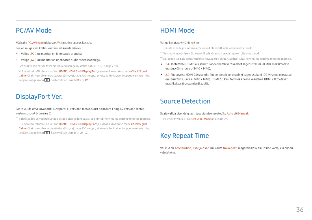 Samsung LC34F791WQUXEN manual PC/AV Mode, Hdmi Mode, DisplayPort Ver, Source Detection, Key Repeat Time 