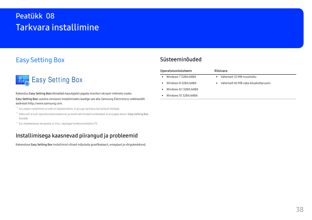 Samsung LC34F791WQUXEN manual Tarkvara installimine, Easy Setting Box, Installimisega kaasnevad piirangud ja probleemid 