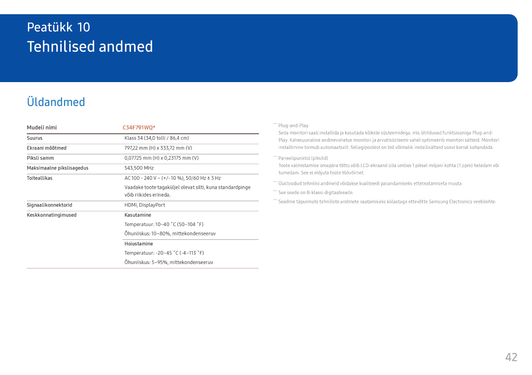 Samsung LC34F791WQUXEN manual Tehnilised andmed, Üldandmed 