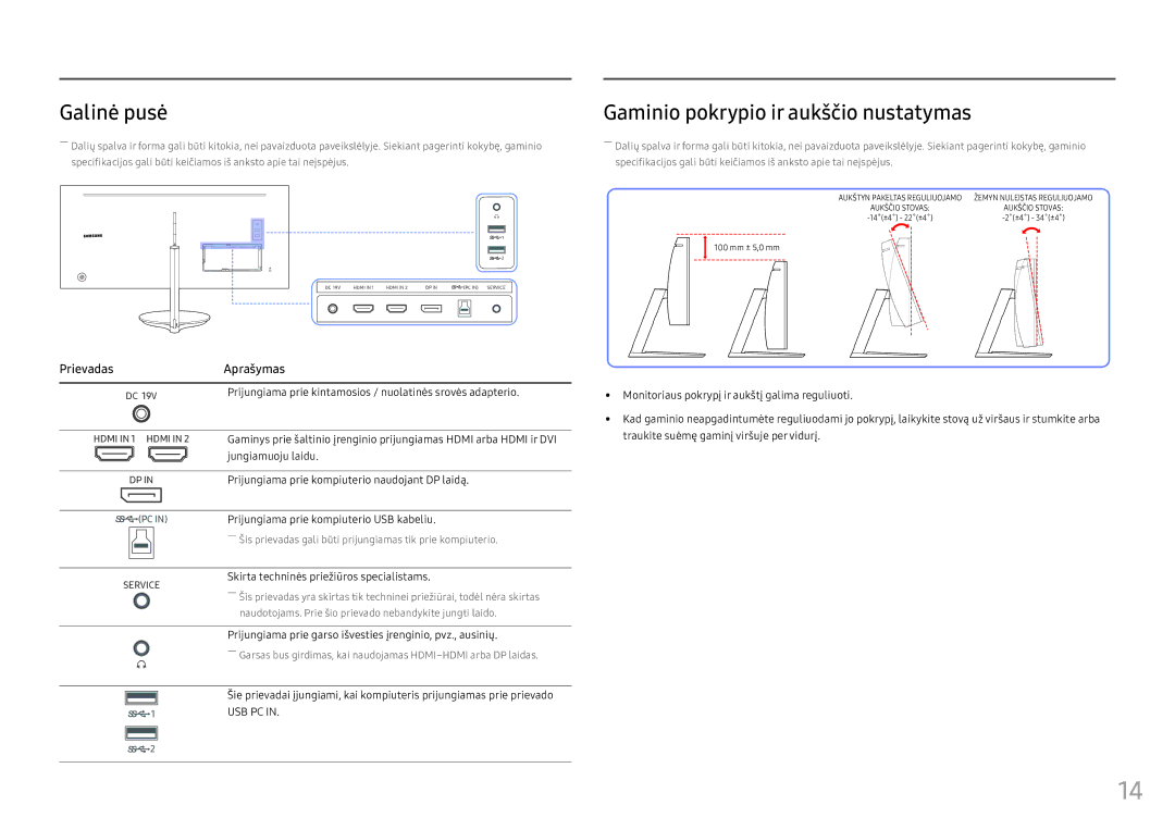 Samsung LC34F791WQUXEN manual Galinė pusė Gaminio pokrypio ir aukščio nustatymas, Skirta techninės priežiūros specialistams 