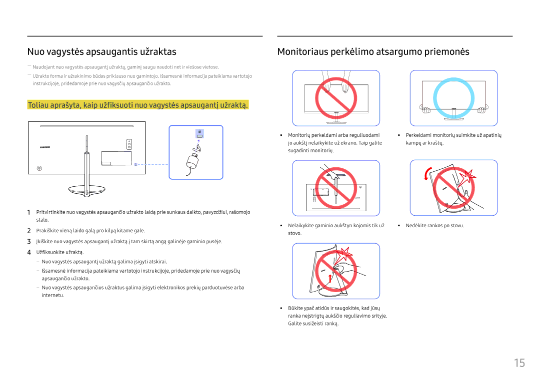 Samsung LC34F791WQUXEN manual Nuo vagystės apsaugantis užraktas, Monitoriaus perkėlimo atsargumo priemonės 