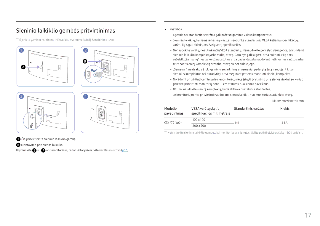 Samsung LC34F791WQUXEN manual Sieninio laikiklio gembės pritvirtinimas, Čia pritvirtinkite sieninio laikiklio gembę 