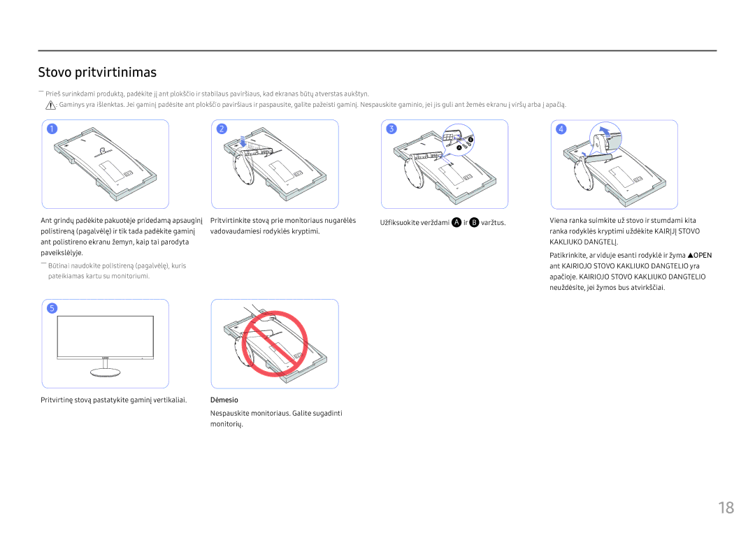 Samsung LC34F791WQUXEN manual Stovo pritvirtinimas, Pritvirtinę stovą pastatykite gaminį vertikaliai, Monitorių 