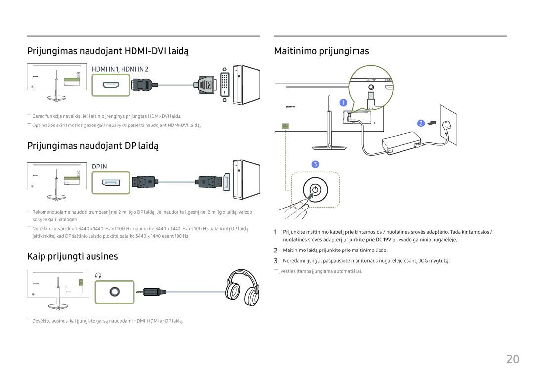 Samsung LC34F791WQUXEN manual Prijungimas naudojant HDMI-DVI laidą, Prijungimas naudojant DP laidą, Kaip prijungti ausines 