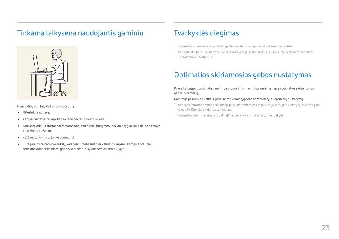 Samsung LC34F791WQUXEN manual Tinkama laikysena naudojantis gaminiu, Tvarkyklės diegimas 