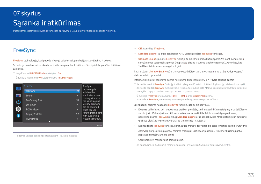 Samsung LC34F791WQUXEN manual Sąranka ir atkūrimas, FreeSync 