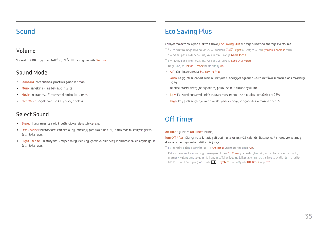 Samsung LC34F791WQUXEN manual Sound, Eco Saving Plus, Off Timer 