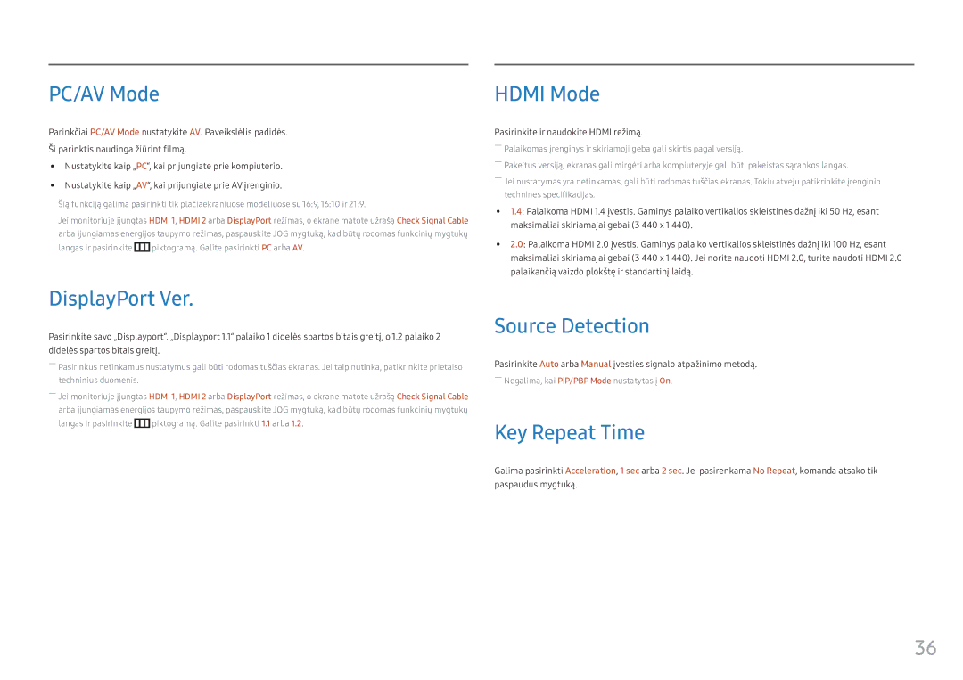 Samsung LC34F791WQUXEN manual PC/AV Mode, DisplayPort Ver, Hdmi Mode, Source Detection, Key Repeat Time 