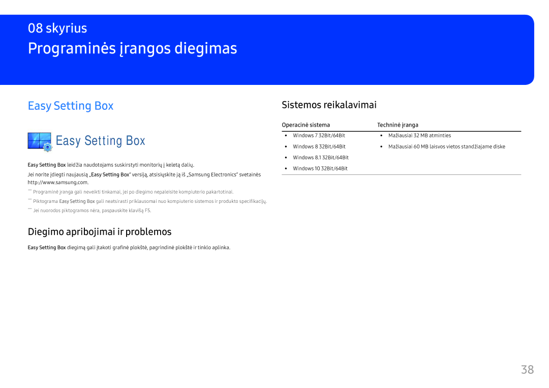 Samsung LC34F791WQUXEN manual Programinės įrangos diegimas, Easy Setting Box, Diegimo apribojimai ir problemos 