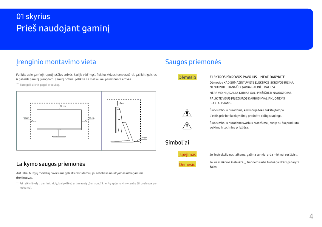 Samsung LC34F791WQUXEN manual Prieš naudojant gaminį, Įrenginio montavimo vieta, Saugos priemonės, Laikymo saugos priemonės 