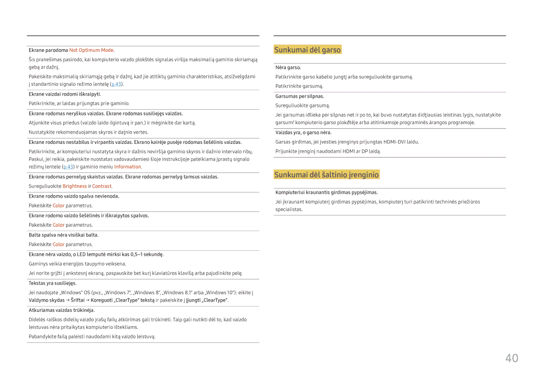 Samsung LC34F791WQUXEN manual Ekrane parodoma Not Optimum Mode, Pakeiskite Color parametrus 