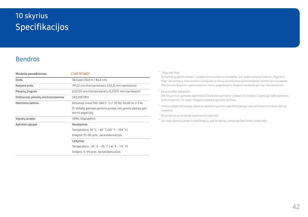 Samsung LC34F791WQUXEN manual Specifikacijos, Bendros 