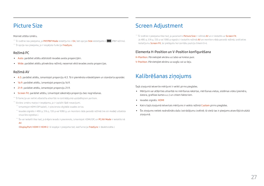 Samsung LC34F791WQUXEN manual Picture Size, Screen Adjustment, Kalibrēšanas ziņojums, Mainiet attēla izmēru 