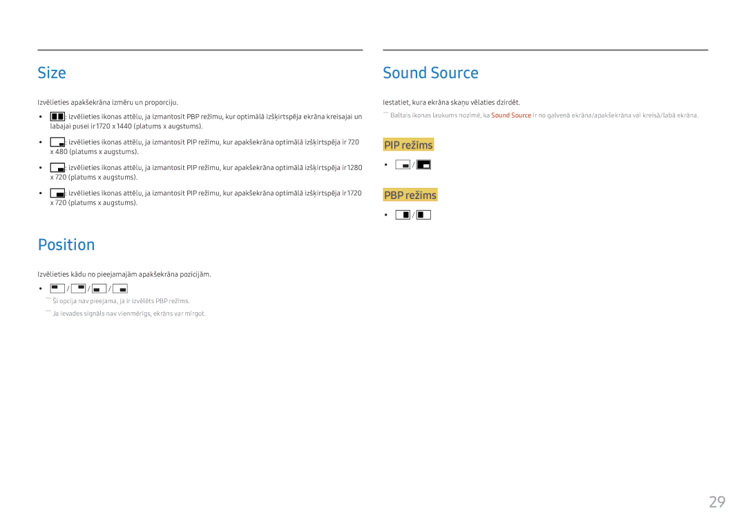 Samsung LC34F791WQUXEN manual Size, Position, Sound Source, Izvēlieties kādu no pieejamajām apakšekrāna pozīcijām 