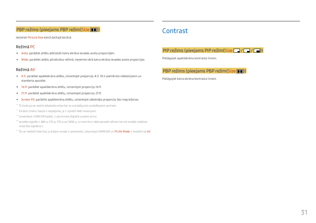 Samsung LC34F791WQUXEN manual Iestatiet Picture Size katrā dalītajā ekrānā, Pielāgojiet apakšekrāna kontrasta līmeni 