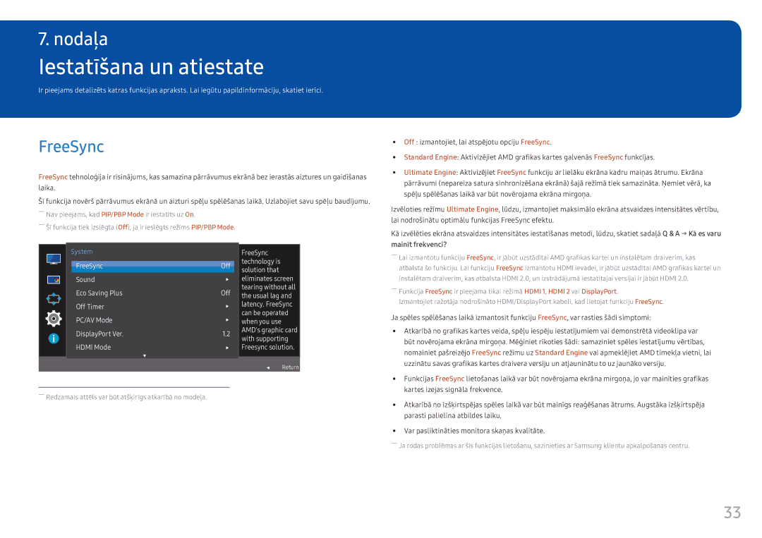 Samsung LC34F791WQUXEN manual Iestatīšana un atiestate, FreeSync, Kartes izejas signāla frekvence 