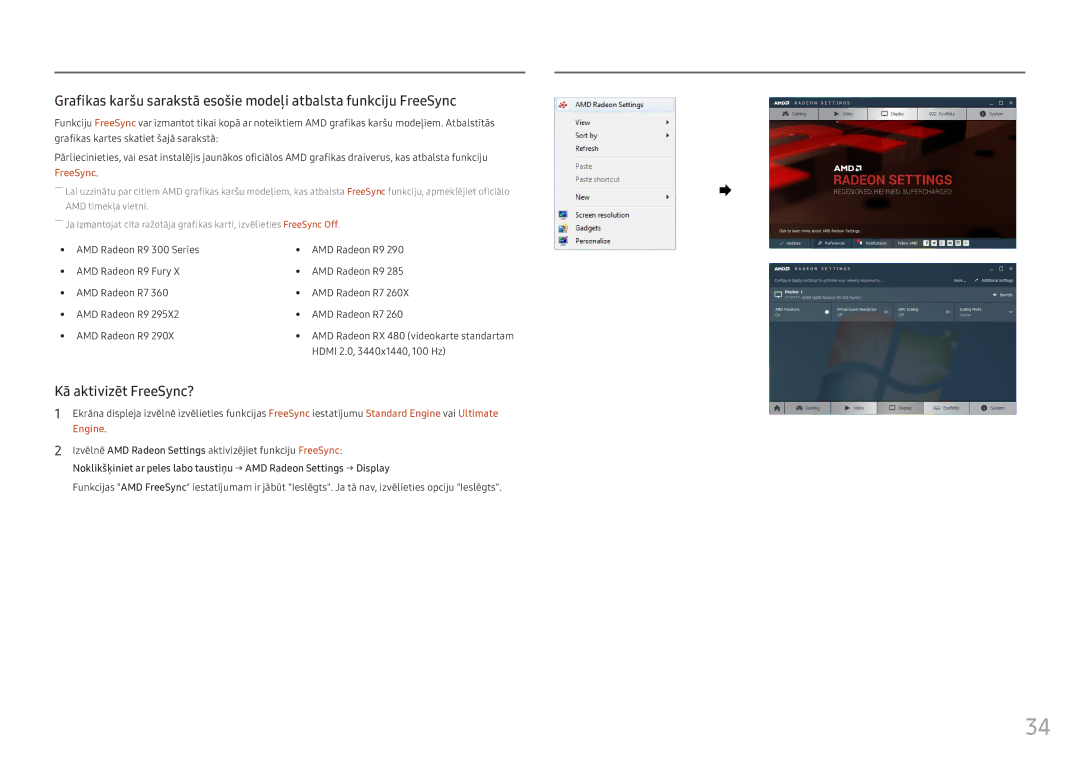 Samsung LC34F791WQUXEN manual Kā aktivizēt FreeSync?, AMD Radeon R9 300 Series AMD Radeon R9 Fury AMD Radeon R7 