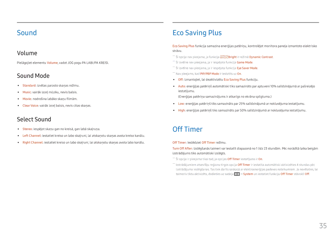 Samsung LC34F791WQUXEN manual Sound, Eco Saving Plus, Off Timer 