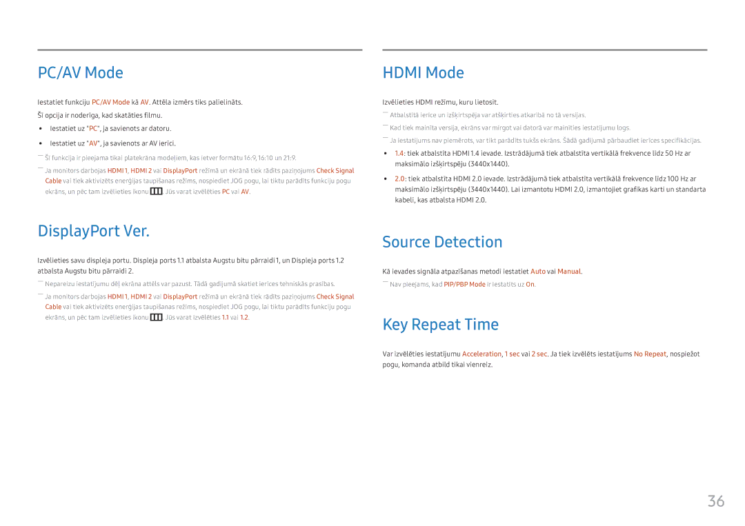 Samsung LC34F791WQUXEN manual PC/AV Mode, DisplayPort Ver, Hdmi Mode, Source Detection, Key Repeat Time 