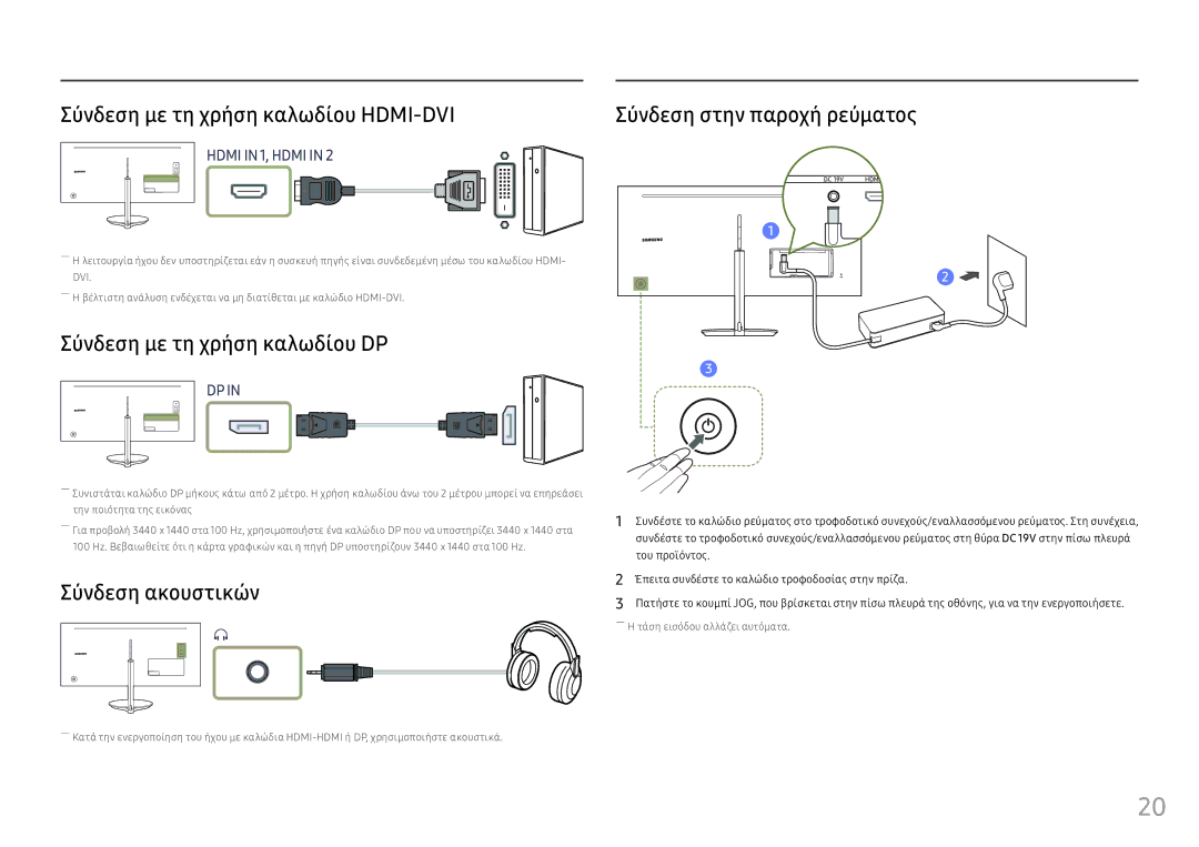 Samsung LC34F791WQUXEN manual Σύνδεση με τη χρήση καλωδίου HDMI-DVI, Σύνδεση με τη χρήση καλωδίου DP, Σύνδεση ακουστικών 