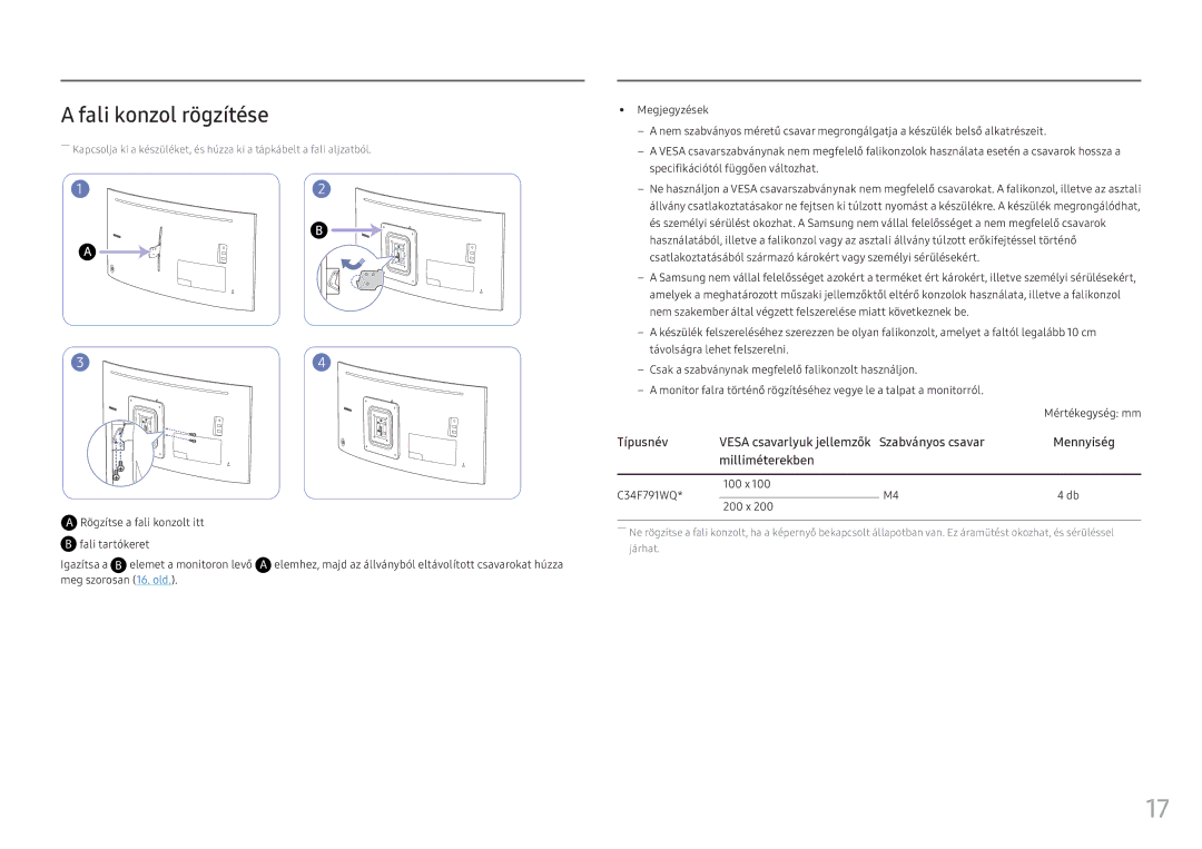 Samsung LC34F791WQUXEN manual Fali konzol rögzítése, Rögzítse a fali konzolt itt, 100 x C34F791WQ 200 x 