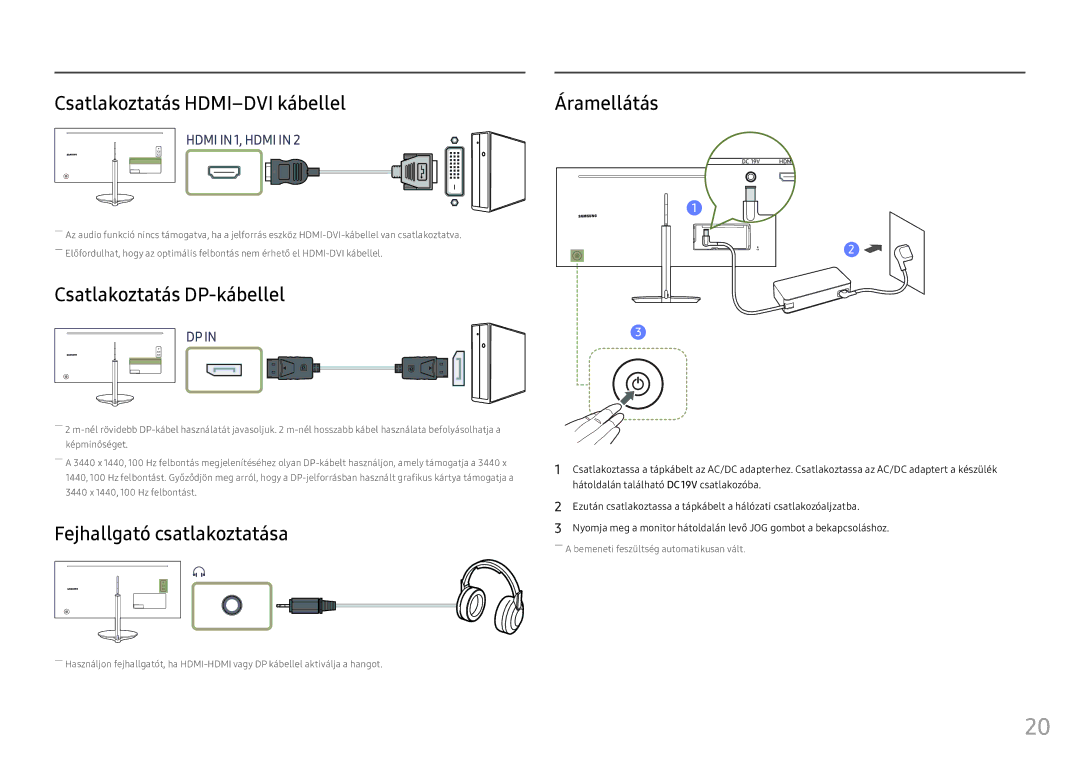 Samsung LC34F791WQUXEN manual Csatlakoztatás HDMI-DVI kábellel, Csatlakoztatás DP-kábellel, Fejhallgató csatlakoztatása 