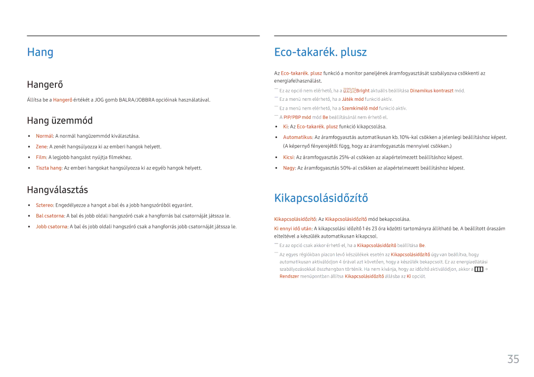 Samsung LC34F791WQUXEN manual Hang, Eco-takarék. plusz, Kikapcsolásidőzítő 