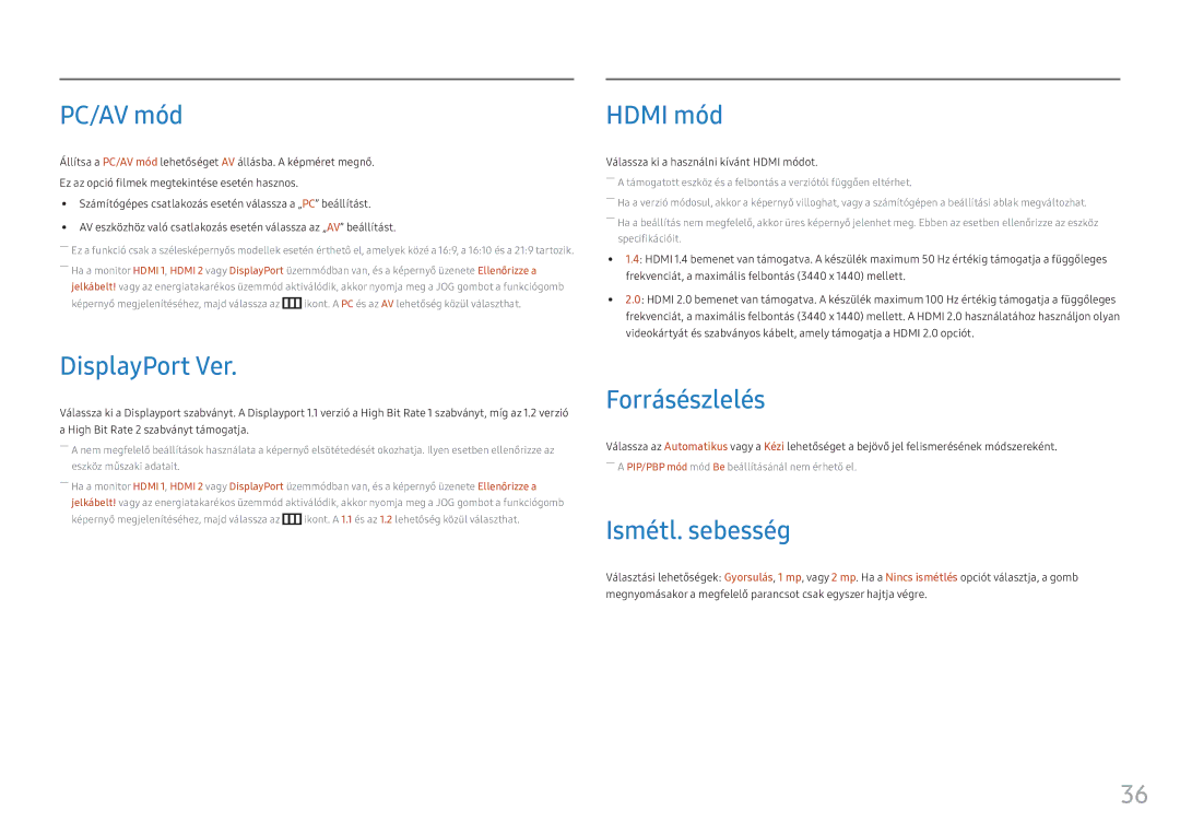 Samsung LC34F791WQUXEN manual PC/AV mód, DisplayPort Ver, Hdmi mód, Forrásészlelés, Ismétl. sebesség 