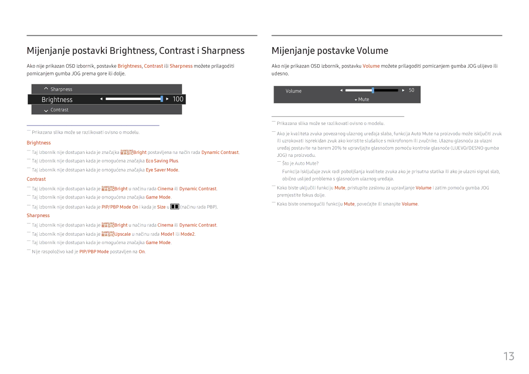 Samsung LC34F791WQUXEN manual Mijenjanje postavki Brightness, Contrast i Sharpness, Mijenjanje postavke Volume 